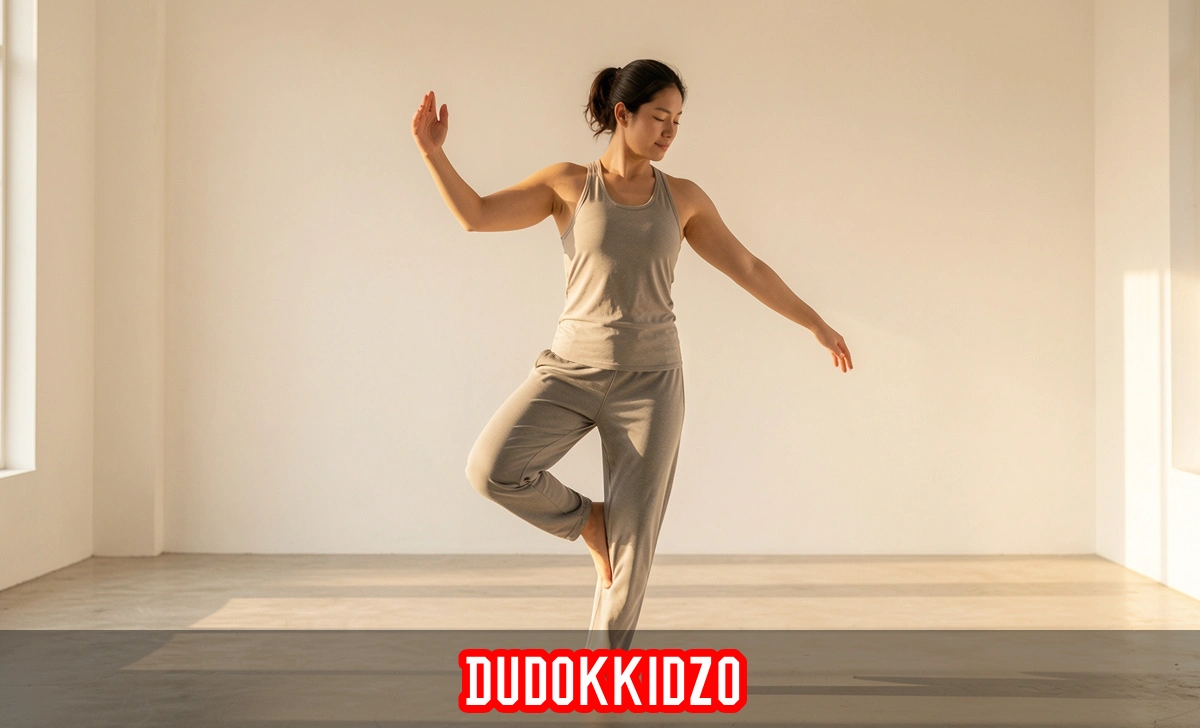 Person practicing Dudokkidzo training technique with fluid spiral movement in a calm open space with natural morning light.