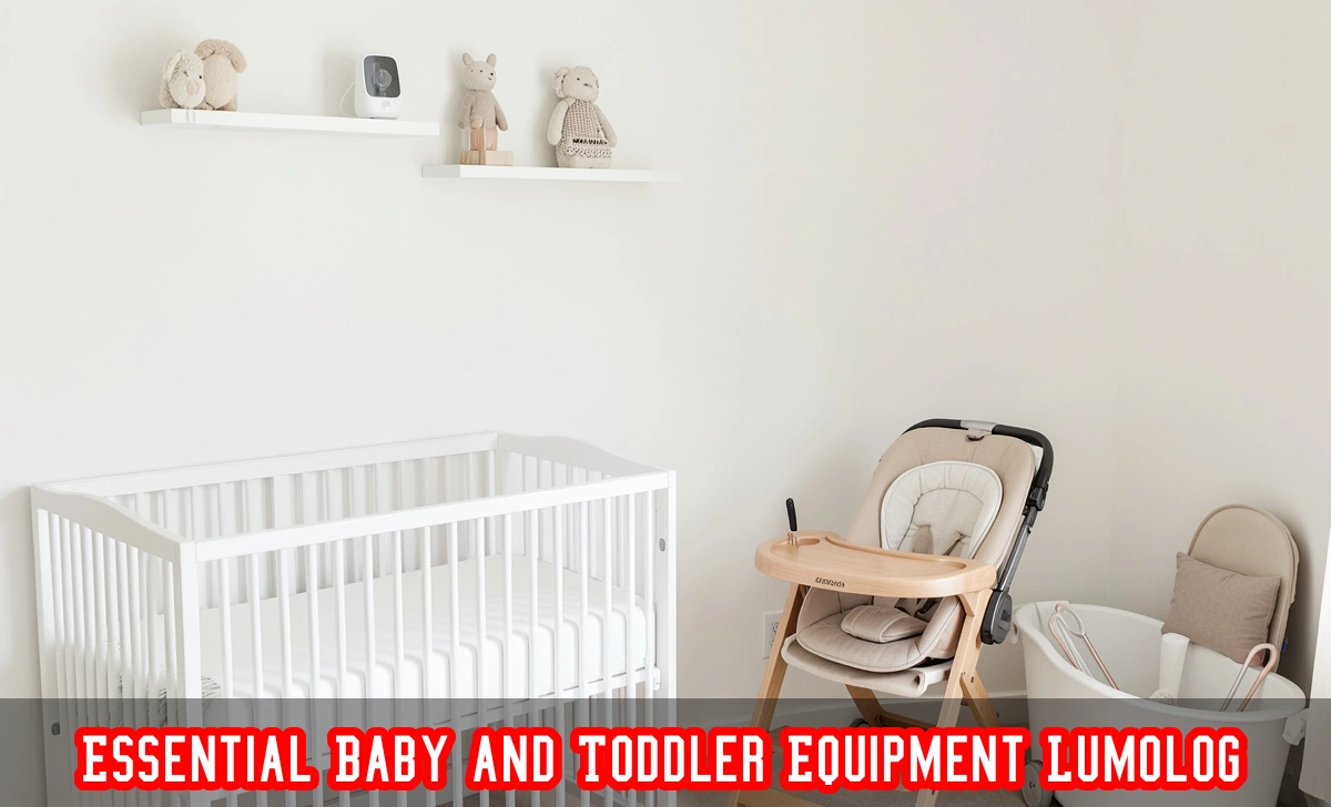 Essential baby and toddler equipment Lumolog — crib, car seat, stroller, and high chair arranged in a safe modern nursery.