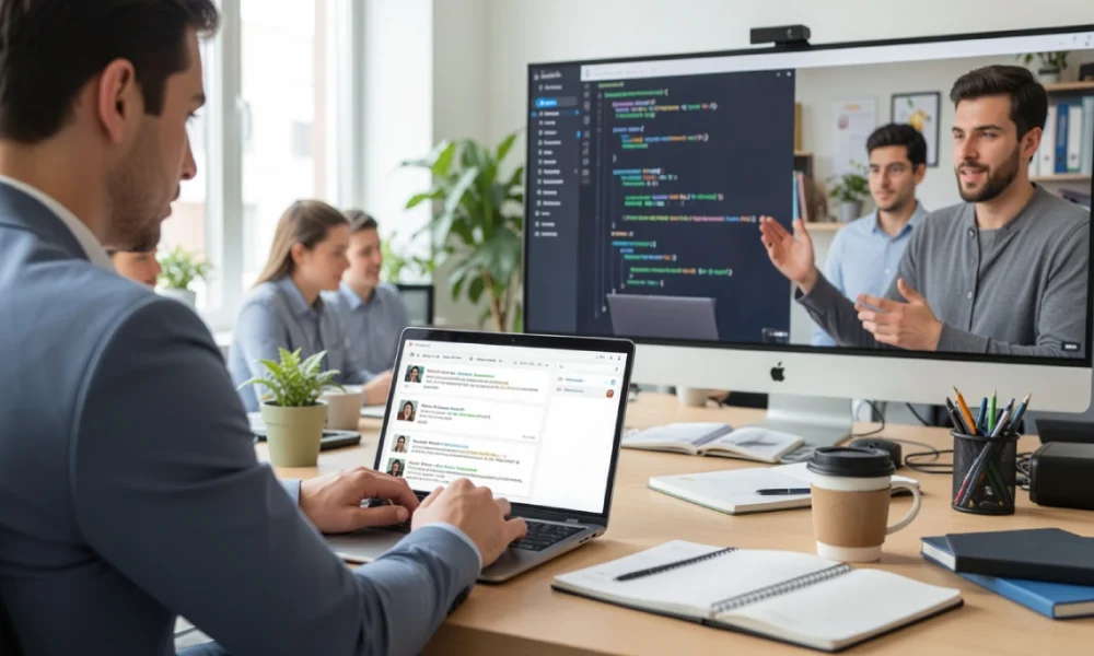 Hiring React developers with a hiring manager reviewing developer portfolios and React code on a laptop in a modern office workspace