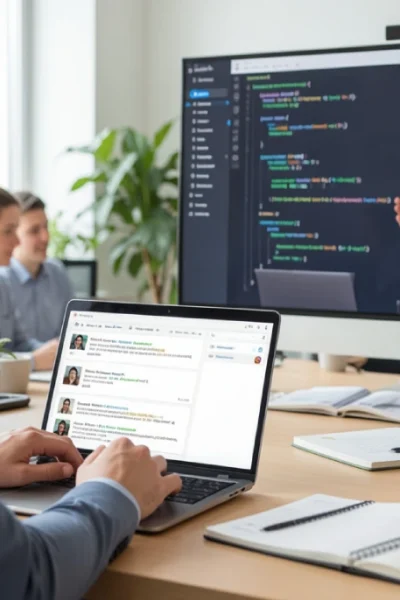 Hiring React developers with a hiring manager reviewing developer portfolios and React code on a laptop in a modern office workspace
