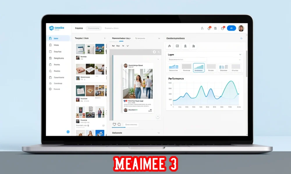 Meaimee 3 dashboard showing content editing tools, template library, and analytics panels for digital creators.