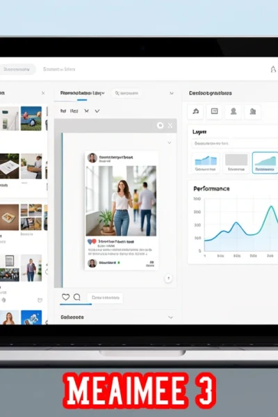 Meaimee 3 dashboard showing content editing tools, template library, and analytics panels for digital creators.