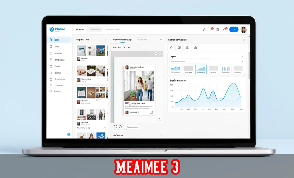 Meaimee 3 dashboard showing content editing tools, template library, and analytics panels for digital creators.