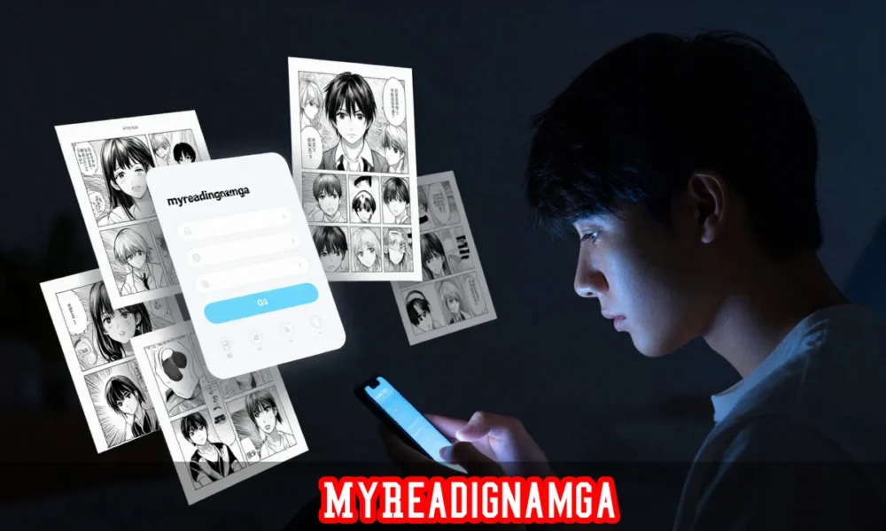 Person reading free manga on myreadignamga mobile platform with anime panels displayed on a smartphone screen at night.