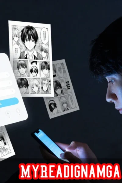 Person reading free manga on myreadignamga mobile platform with anime panels displayed on a smartphone screen at night.