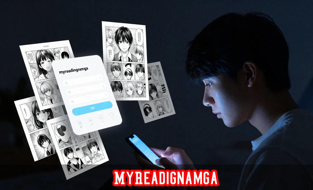 Person reading free manga on myreadignamga mobile platform with anime panels displayed on a smartphone screen at night.