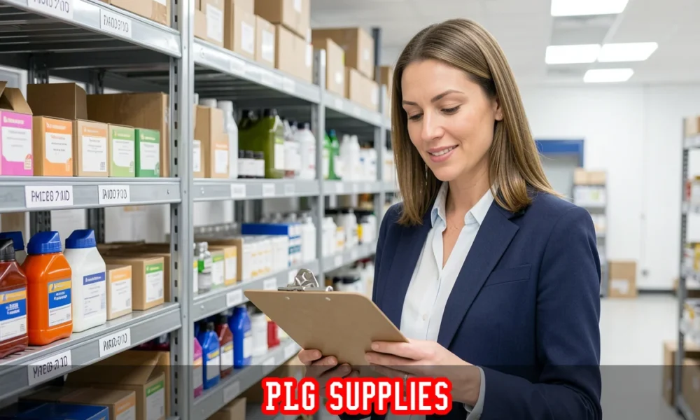 PLG Supplies industrial warehouse with tools, safety helmets, and organized supply shelves for commercial procurement.