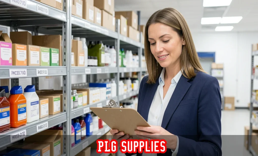 PLG Supplies industrial warehouse with tools, safety helmets, and organized supply shelves for commercial procurement.