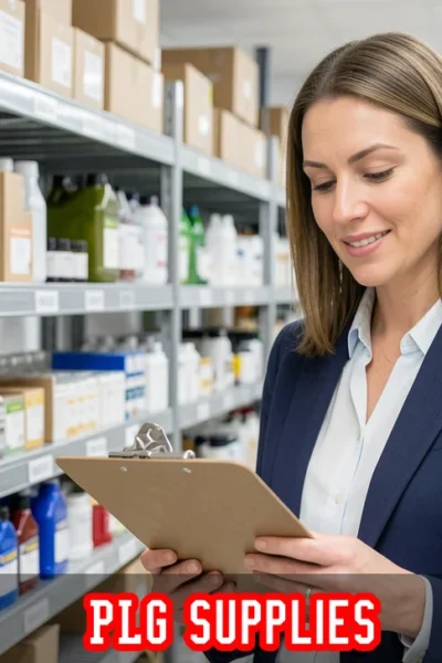 PLG Supplies industrial warehouse with tools, safety helmets, and organized supply shelves for commercial procurement.