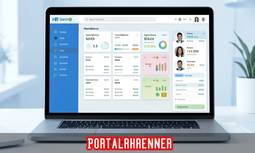 Portalrhrenner login dashboard displaying employee payslips, leave management, and benefits on a modern laptop interface.