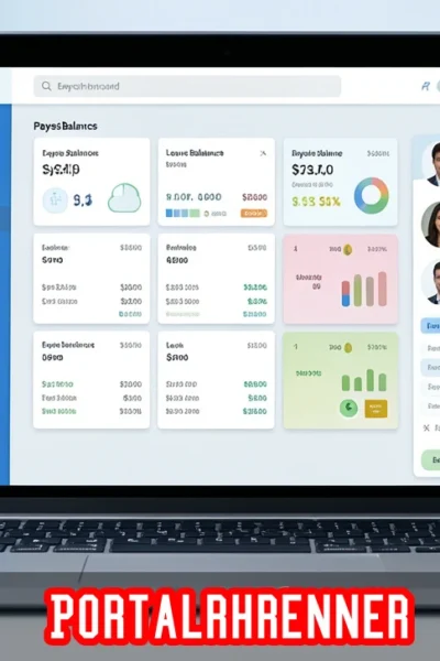 Portalrhrenner login dashboard displaying employee payslips, leave management, and benefits on a modern laptop interface.