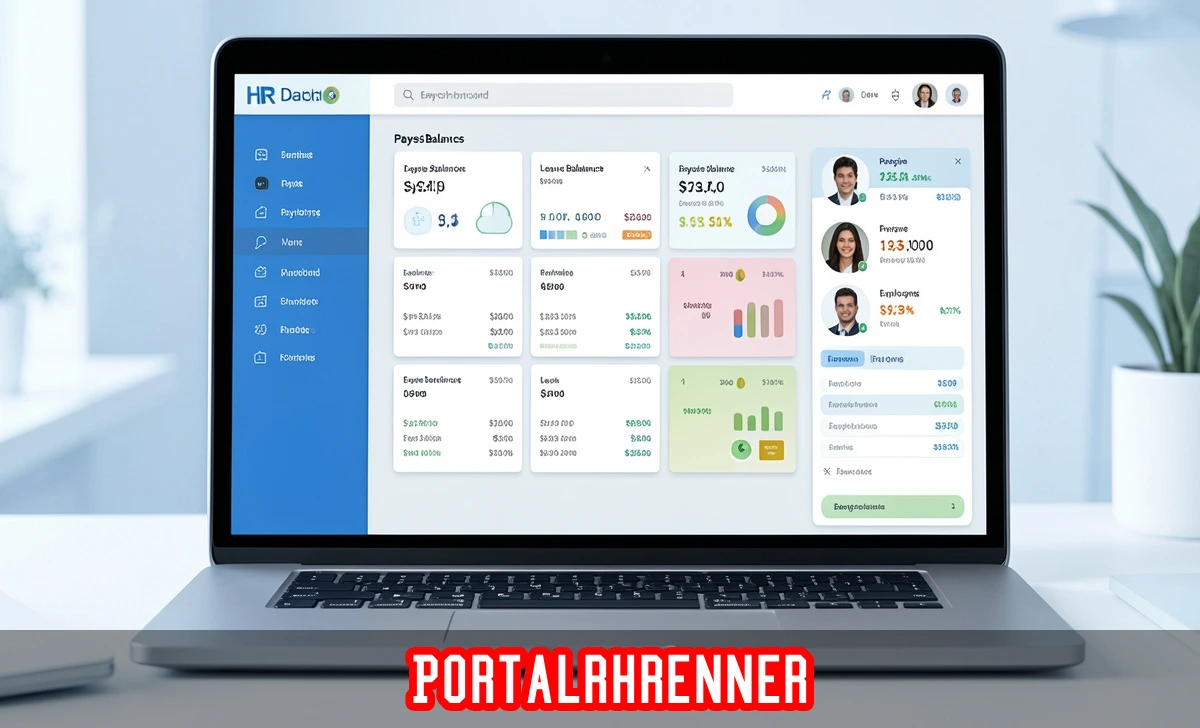 Portalrhrenner login dashboard displaying employee payslips, leave management, and benefits on a modern laptop interface.
