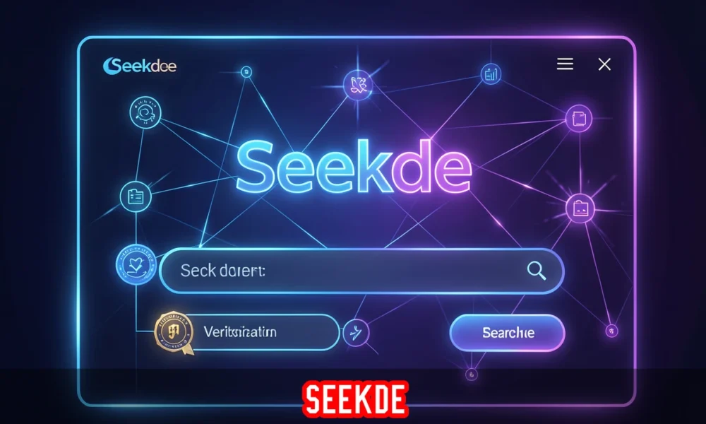 Seekde smart search platform interface with digital discovery tools and verified content icons on blue dark background