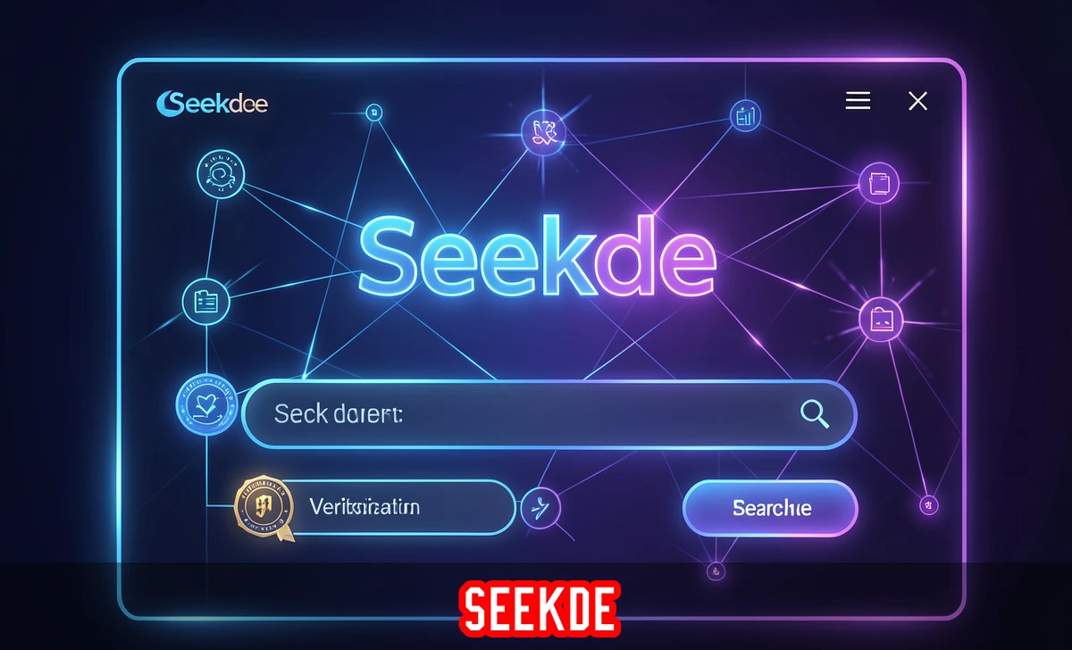 Seekde smart search platform interface with digital discovery tools and verified content icons on blue dark background