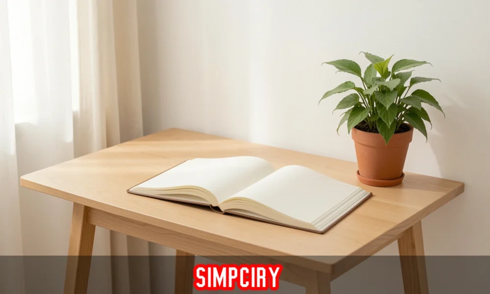Simpciry minimalist home setup with wooden desk, soft lighting, and neutral tones representing purposeful and clutter-free living.