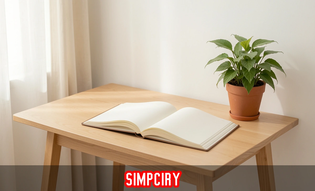 Simpciry minimalist home setup with wooden desk, soft lighting, and neutral tones representing purposeful and clutter-free living.