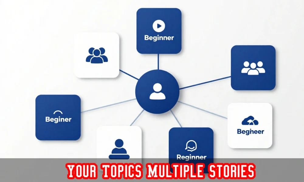 Your Topics Multiple Stories strategy diagram showing multiple content angles branching from one central topic for audience segments.