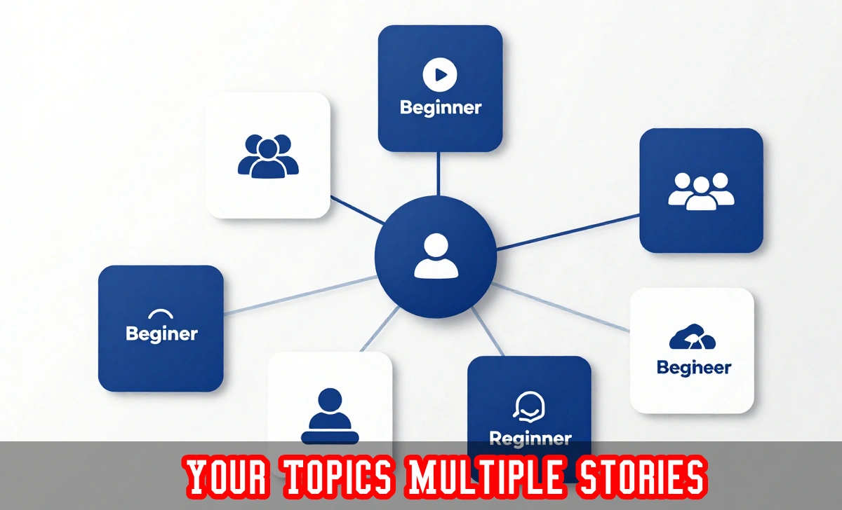 Your Topics Multiple Stories strategy diagram showing multiple content angles branching from one central topic for audience segments.