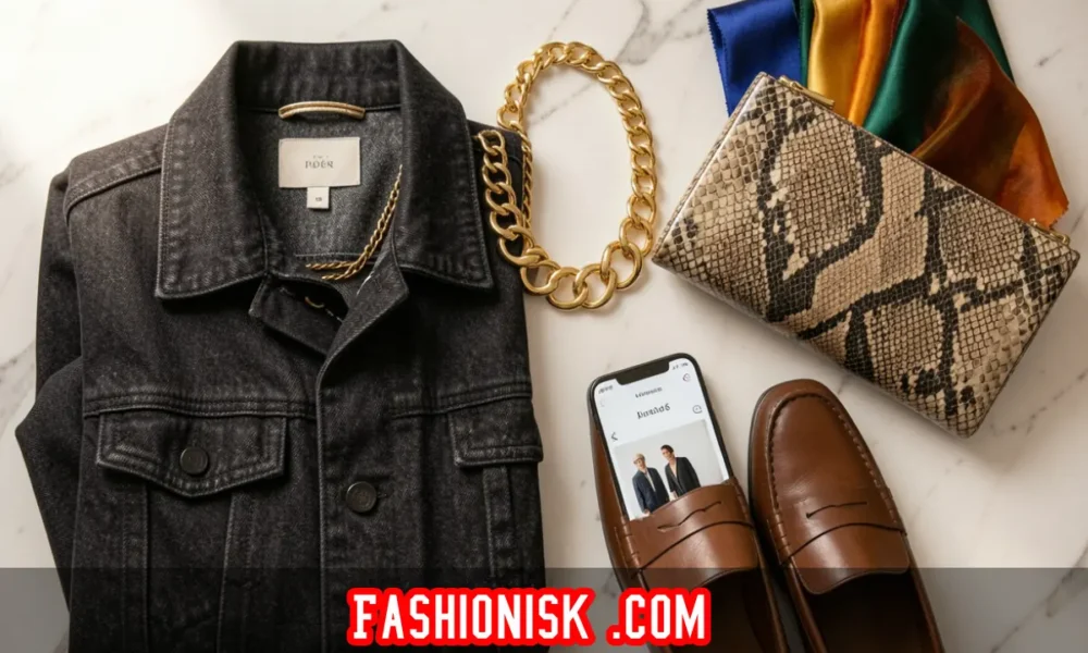 Fashionisk .com 2026 review article image showing trendy fashion items including denim jacket bold jewelry and snakeskin accessories