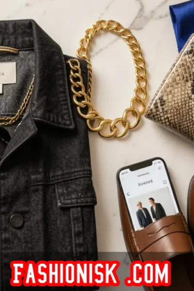 Fashionisk .com 2026 review article image showing trendy fashion items including denim jacket bold jewelry and snakeskin accessories