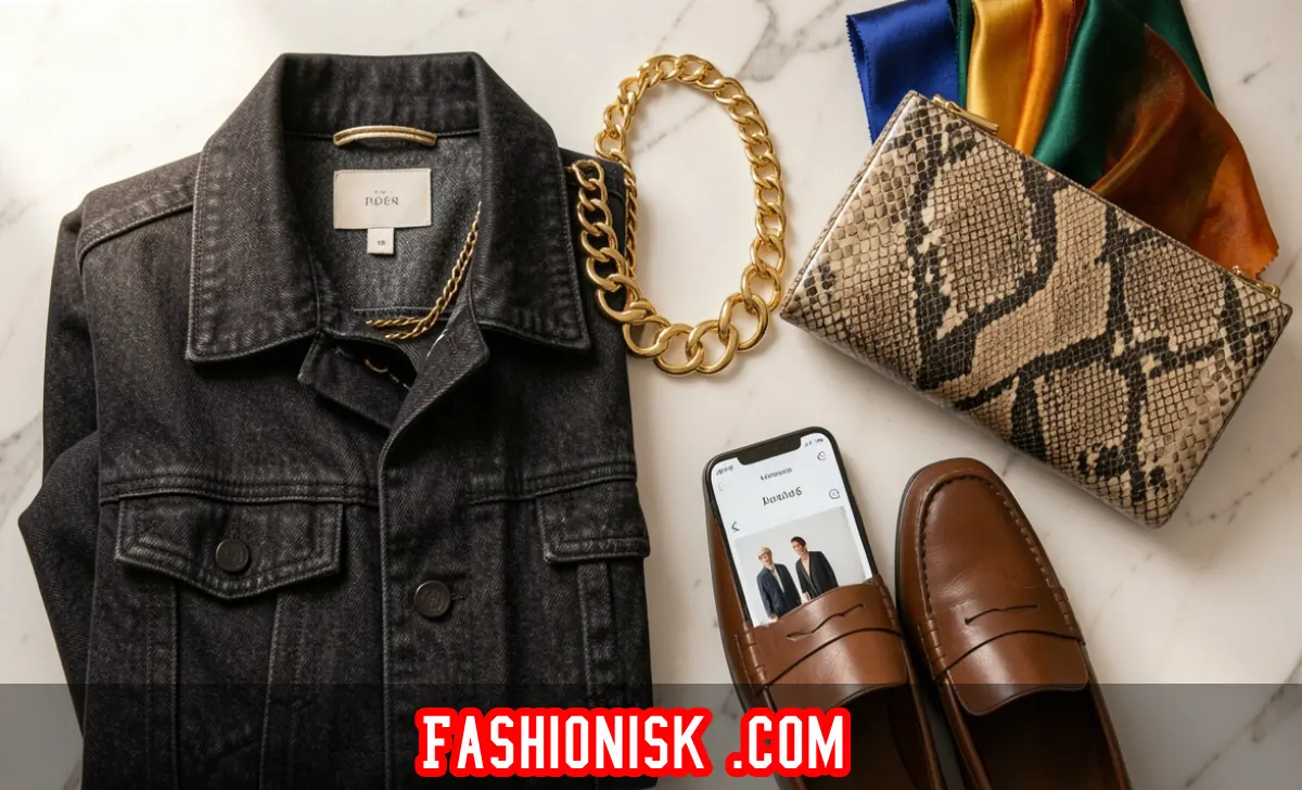 Fashionisk .com 2026 review article image showing trendy fashion items including denim jacket bold jewelry and snakeskin accessories