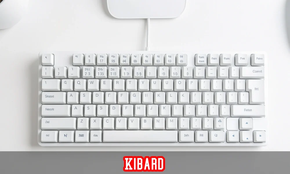 Kibard meaning explained with a close-up image of a mechanical keyboard on a minimalist white desk setup.