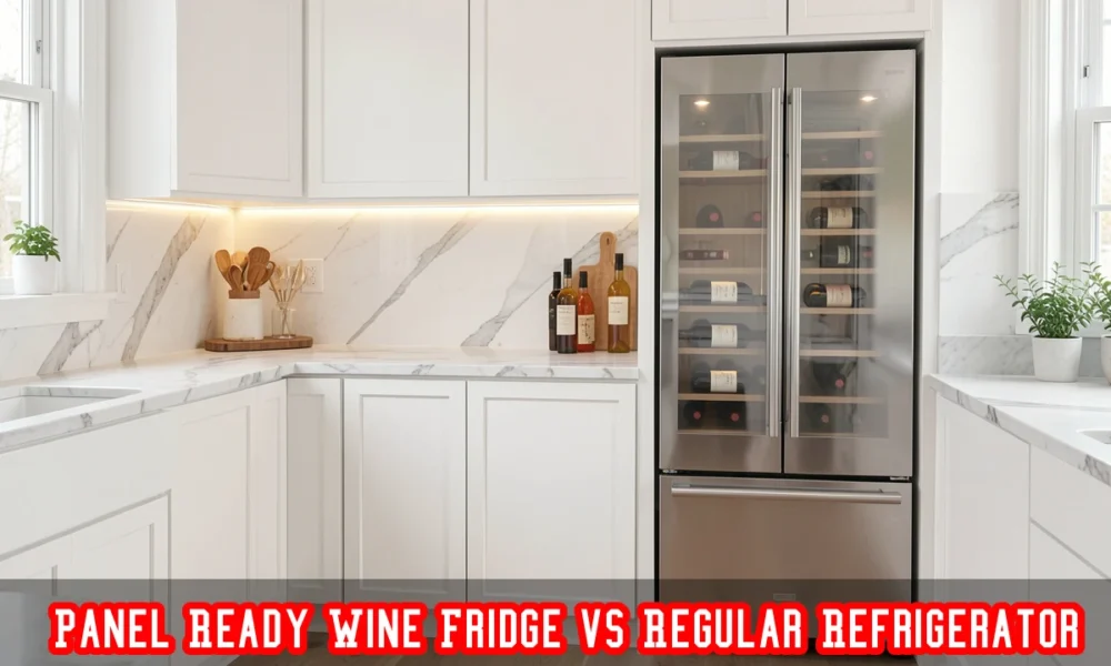 Panel ready wine fridge vs regular refrigerator installed in a high-end kitchen with flush white cabinet panels.