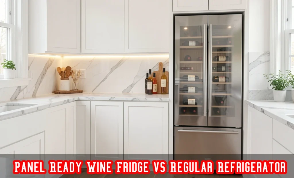 Panel ready wine fridge vs regular refrigerator installed in a high-end kitchen with flush white cabinet panels.