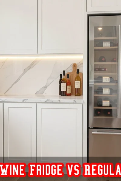 Panel ready wine fridge vs regular refrigerator installed in a high-end kitchen with flush white cabinet panels.