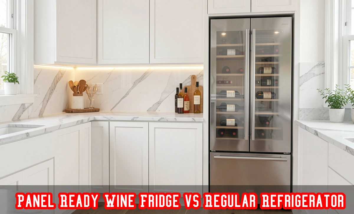 Panel ready wine fridge vs regular refrigerator installed in a high-end kitchen with flush white cabinet panels.