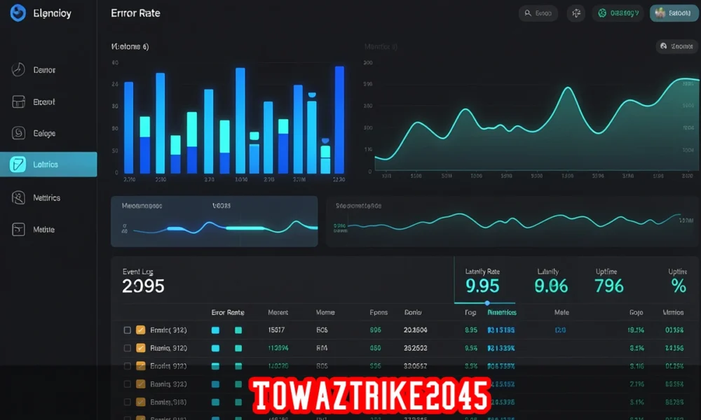 Towaztrike2045 data dashboard with time-series metrics, event log tables, and segmented performance charts on a dark interface.