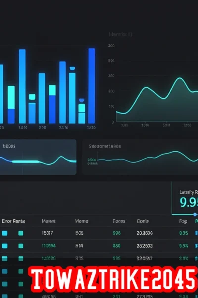 Towaztrike2045 data dashboard with time-series metrics, event log tables, and segmented performance charts on a dark interface.