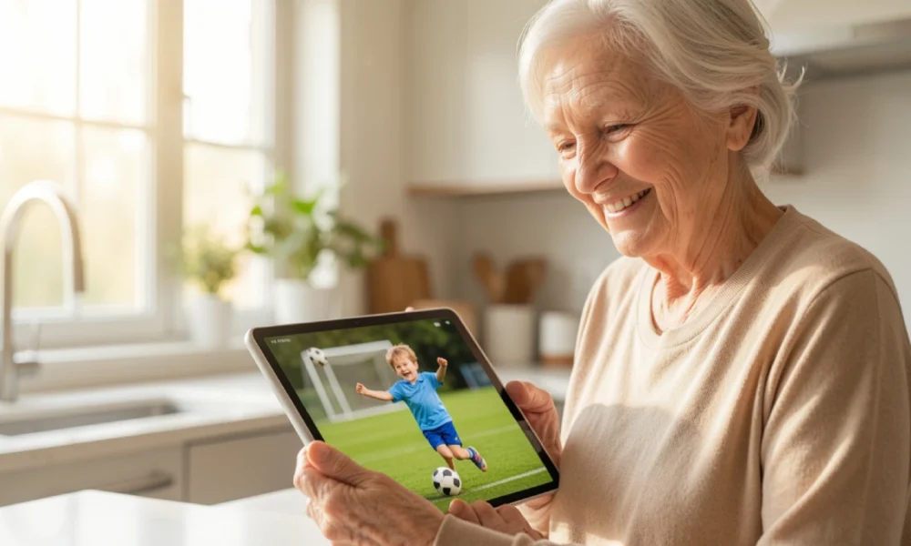 Elderly woman smiling while watching a saved soccer video on her tablet at home, representing downloading and preserving social media memories