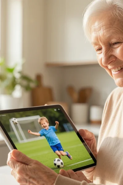 Elderly woman smiling while watching a saved soccer video on her tablet at home, representing downloading and preserving social media memories