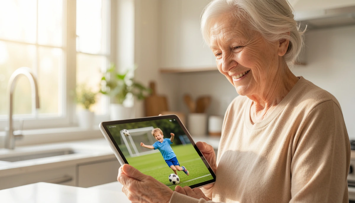 Elderly woman smiling while watching a saved soccer video on her tablet at home, representing downloading and preserving social media memories