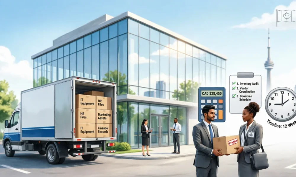 Business team planning an office move in Canada with moving truck, labeled boxes, and budget checklist overlay illustrating key office relocation cost factors like distance, timing, and logistics