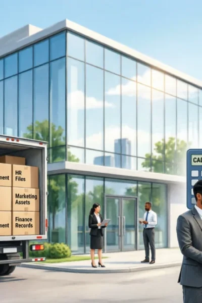 Business team planning an office move in Canada with moving truck, labeled boxes, and budget checklist overlay illustrating key office relocation cost factors like distance, timing, and logistics