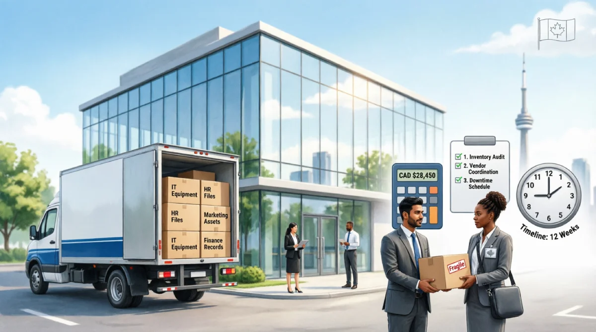 Business team planning an office move in Canada with moving truck, labeled boxes, and budget checklist overlay illustrating key office relocation cost factors like distance, timing, and logistics