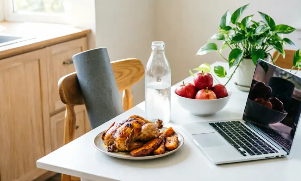 A bright kitchen workspace featuring a healthy meal of roasted chicken and sweet potatoes, a bowl of apples, a water bottle, a laptop, and a rolled yoga mat, illustrating simple health habits for busy schedules.