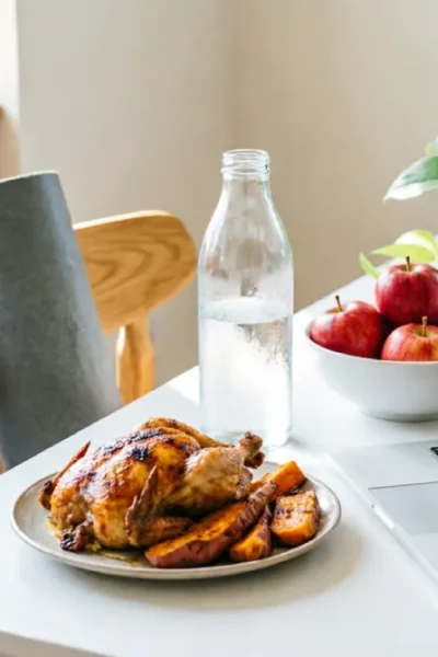 A bright kitchen workspace featuring a healthy meal of roasted chicken and sweet potatoes, a bowl of apples, a water bottle, a laptop, and a rolled yoga mat, illustrating simple health habits for busy schedules.