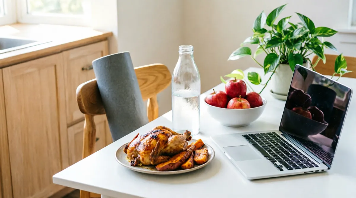 A bright kitchen workspace featuring a healthy meal of roasted chicken and sweet potatoes, a bowl of apples, a water bottle, a laptop, and a rolled yoga mat, illustrating simple health habits for busy schedules.