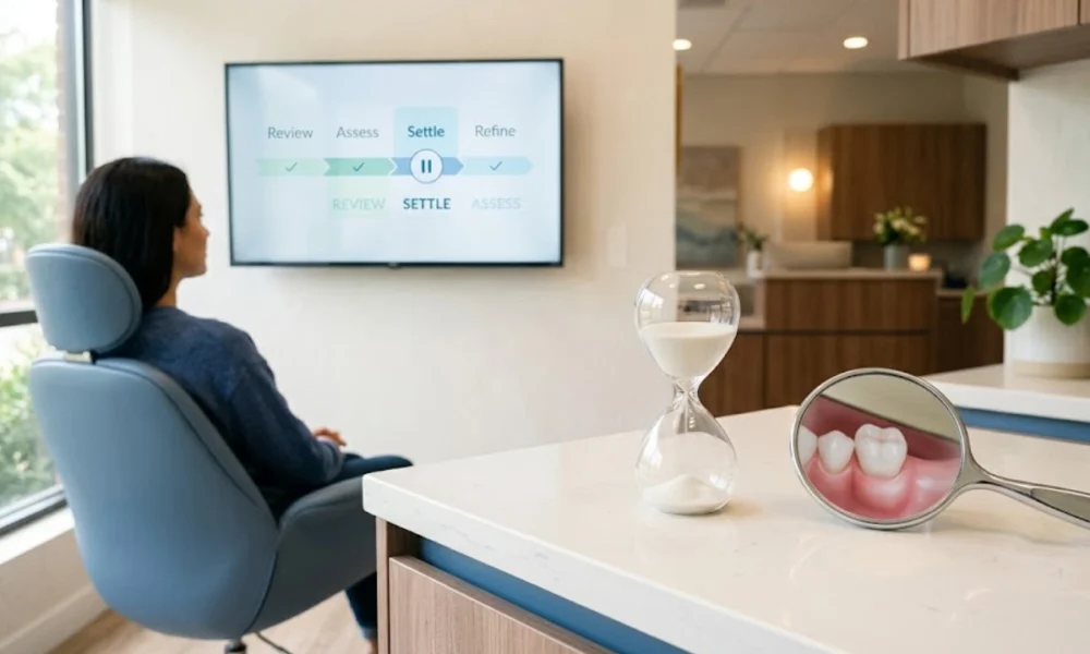 Dental clinic scene with an hourglass and a dental mirror showing healthy gums, symbolising that taking time in cosmetic dentistry protects results.