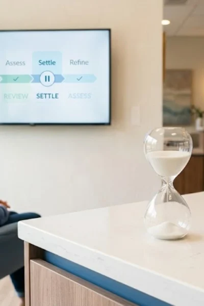 Dental clinic scene with an hourglass and a dental mirror showing healthy gums, symbolising that taking time in cosmetic dentistry protects results.