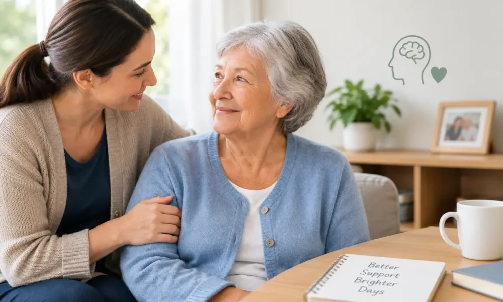 Family member gently supporting an older woman during memory care