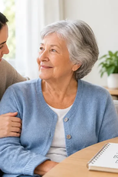 Family member gently supporting an older woman during memory care
