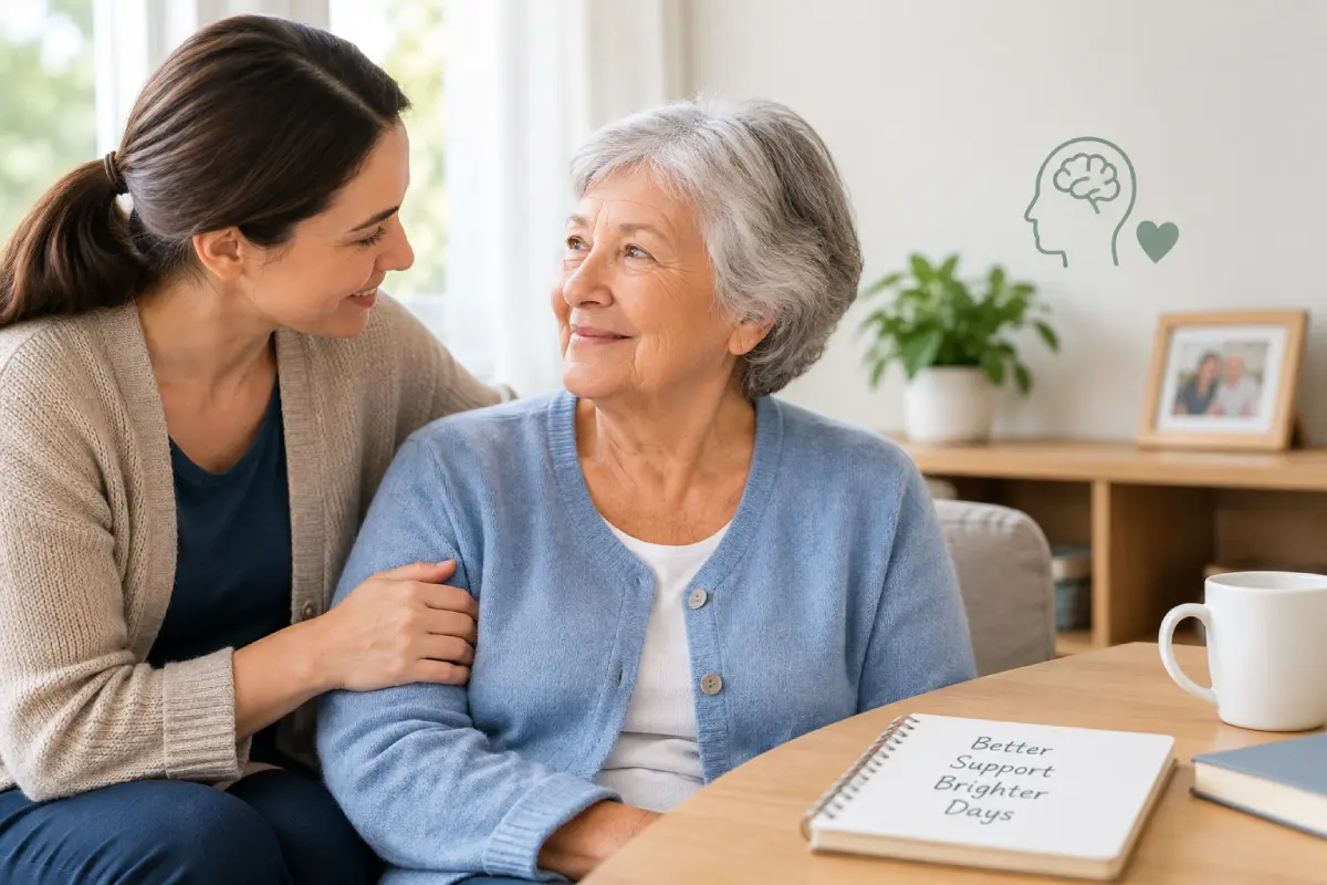 Family member gently supporting an older woman during memory care